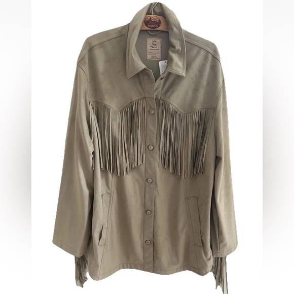 Free People We The Free Fringe Out Vegan Suede Smoked Green Jacket Size Large - Picture 5 of 13